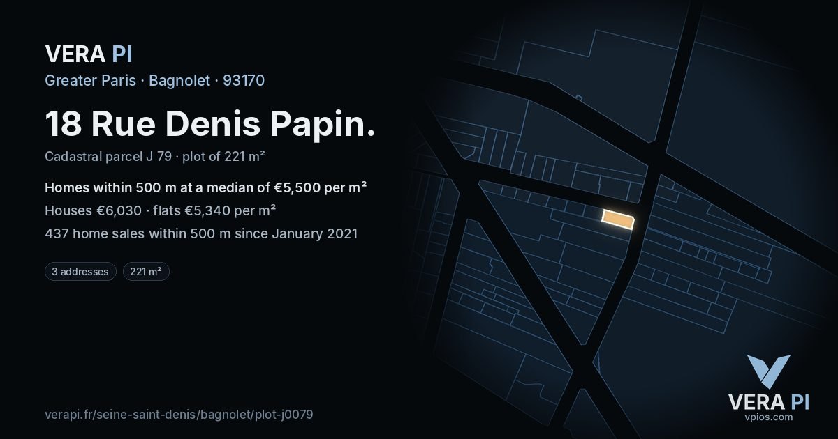 18 Rue Denis Papin, Bagnolet at night – the plot lit, the parcels around coloured by the prices near them