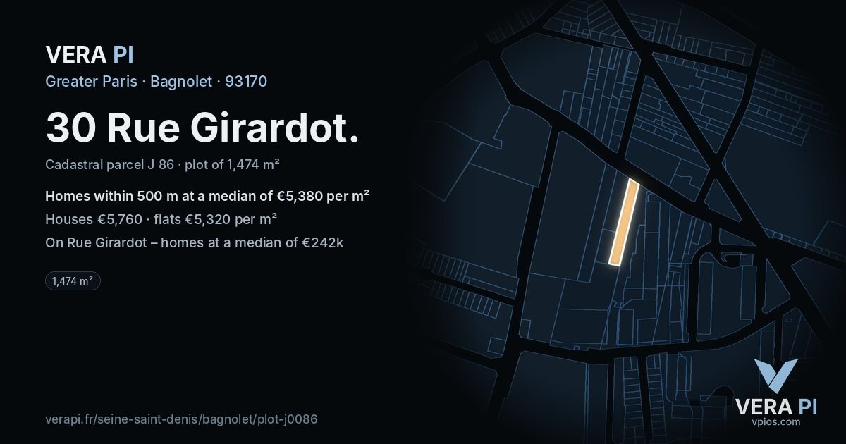 30 Rue Girardot, Bagnolet at night – the plot lit, the parcels around coloured by the prices near them