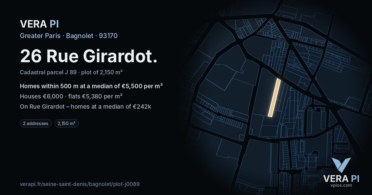26 Rue Girardot, Bagnolet at night – the plot lit, the parcels around coloured by the prices near them
