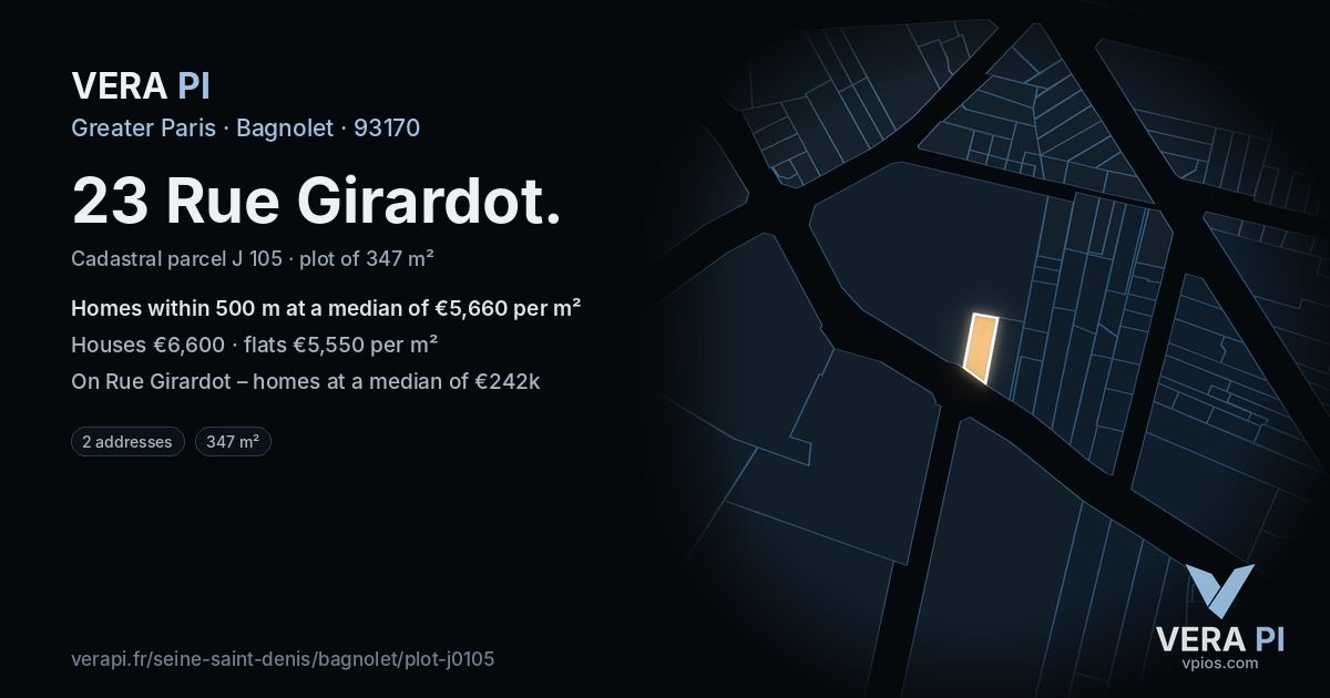 23 Rue Girardot, Bagnolet at night – the plot lit, the parcels around coloured by the prices near them