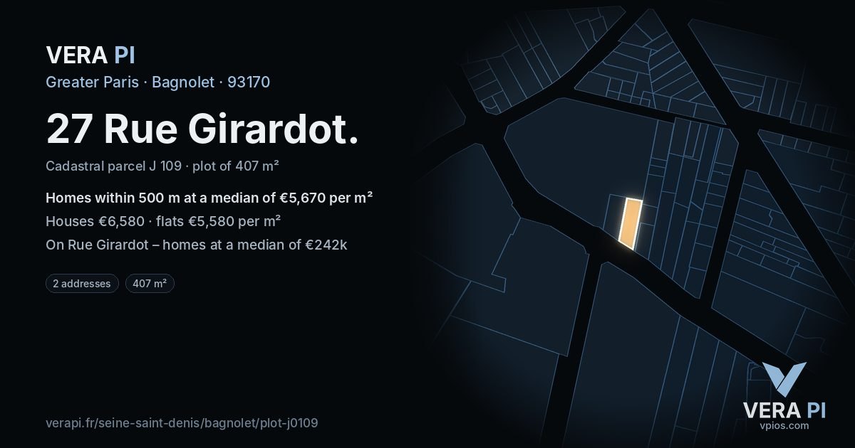 27 Rue Girardot, Bagnolet at night – the plot lit, the parcels around coloured by the prices near them
