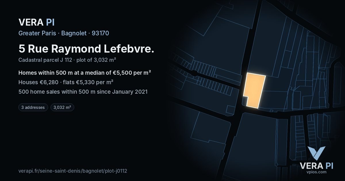 5 Rue Raymond Lefebvre, Bagnolet at night – the plot lit, the parcels around coloured by the prices near them