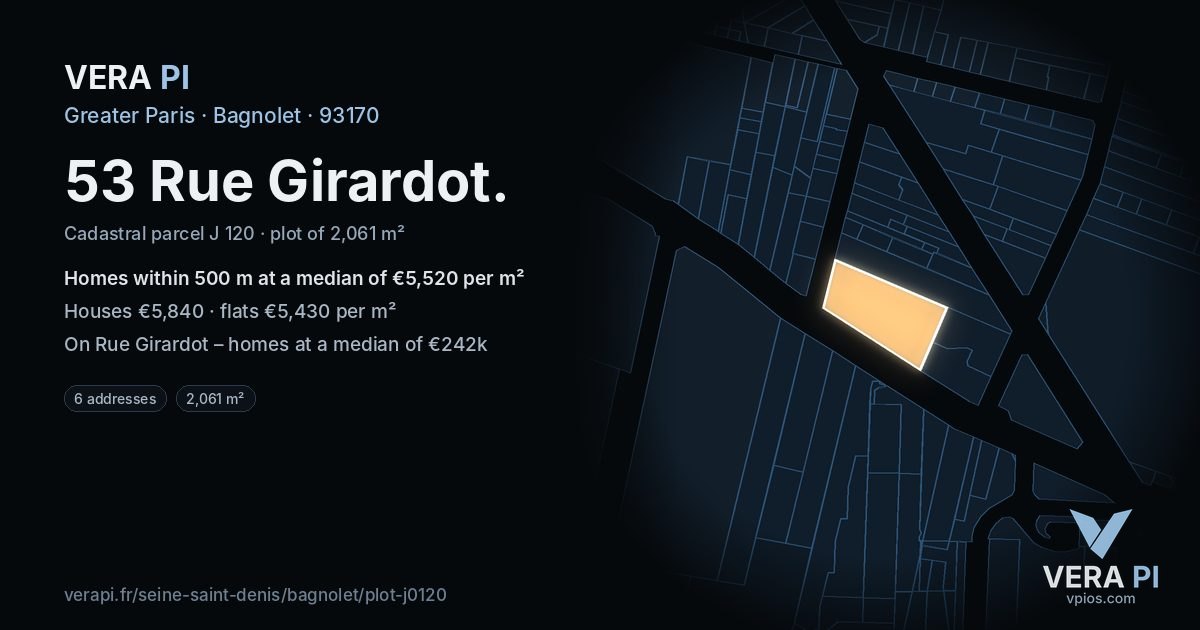 53 Rue Girardot, Bagnolet at night – the plot lit, the parcels around coloured by the prices near them