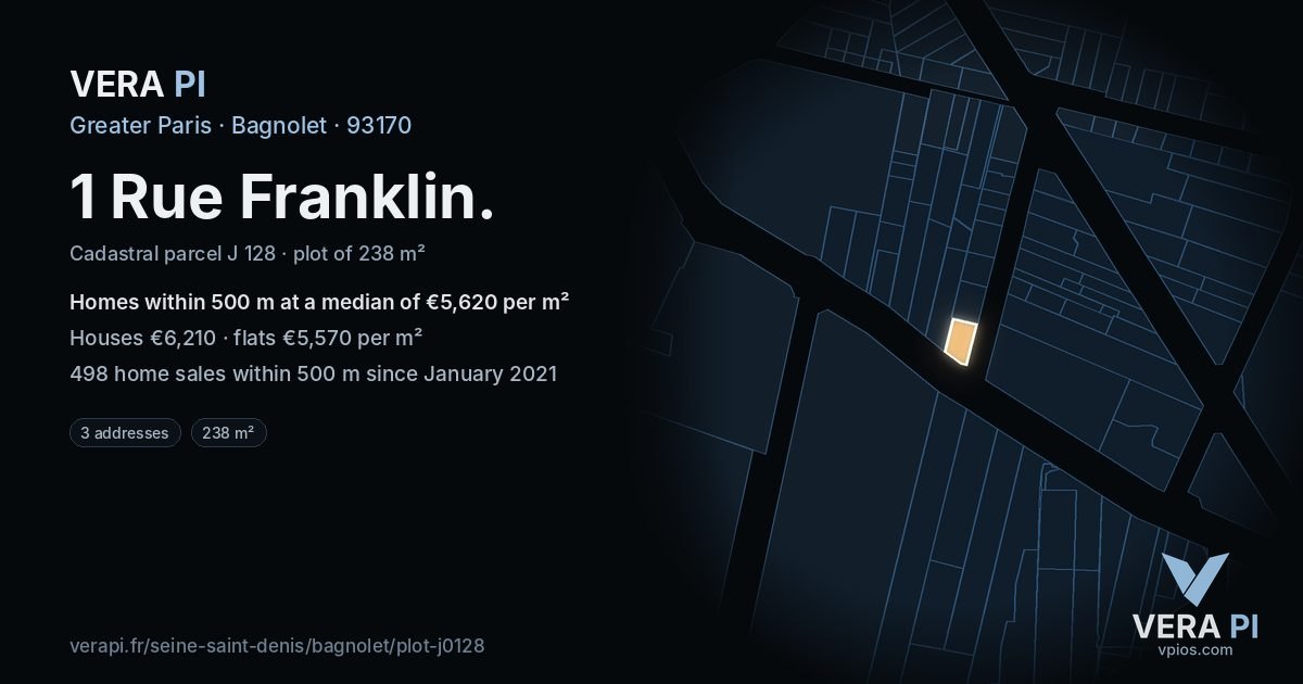 1 Rue Franklin, Bagnolet at night – the plot lit, the parcels around coloured by the prices near them