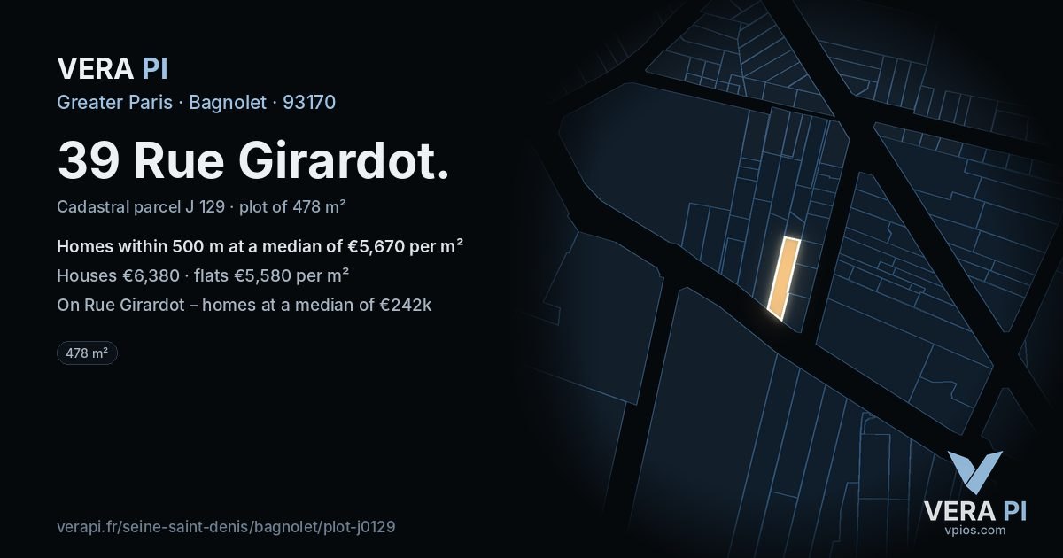 39 Rue Girardot, Bagnolet at night – the plot lit, the parcels around coloured by the prices near them