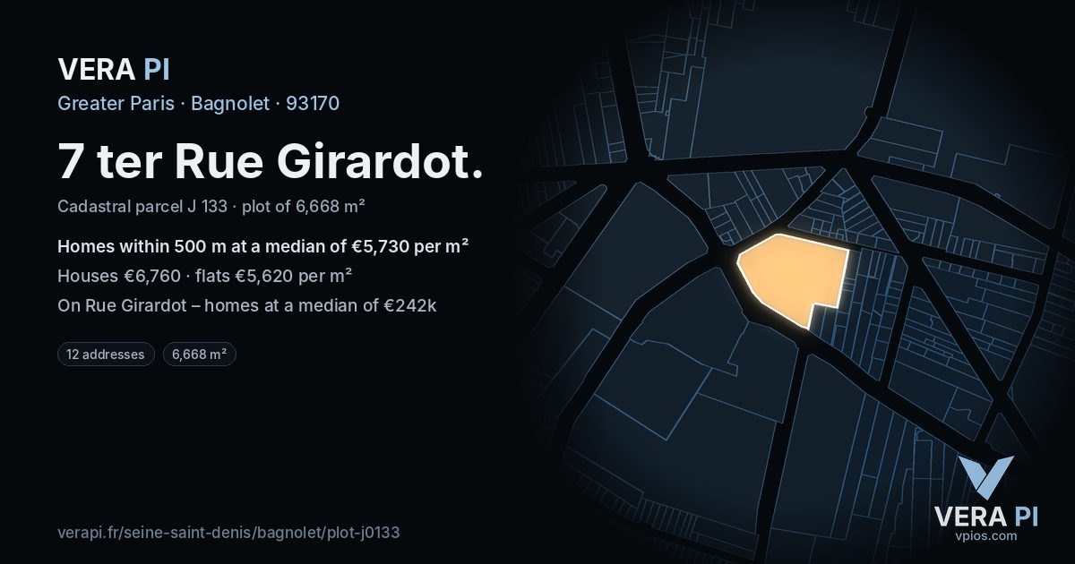 7 ter Rue Girardot, Bagnolet at night – the plot lit, the parcels around coloured by the prices near them