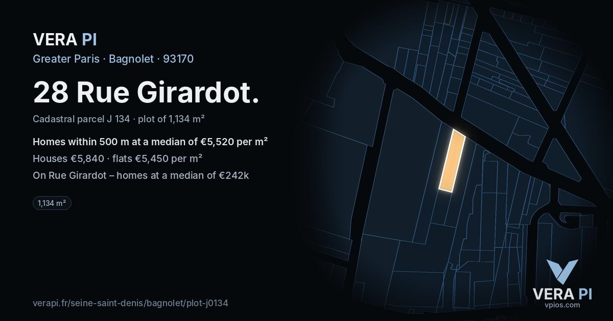 28 Rue Girardot, Bagnolet at night – the plot lit, the parcels around coloured by the prices near them