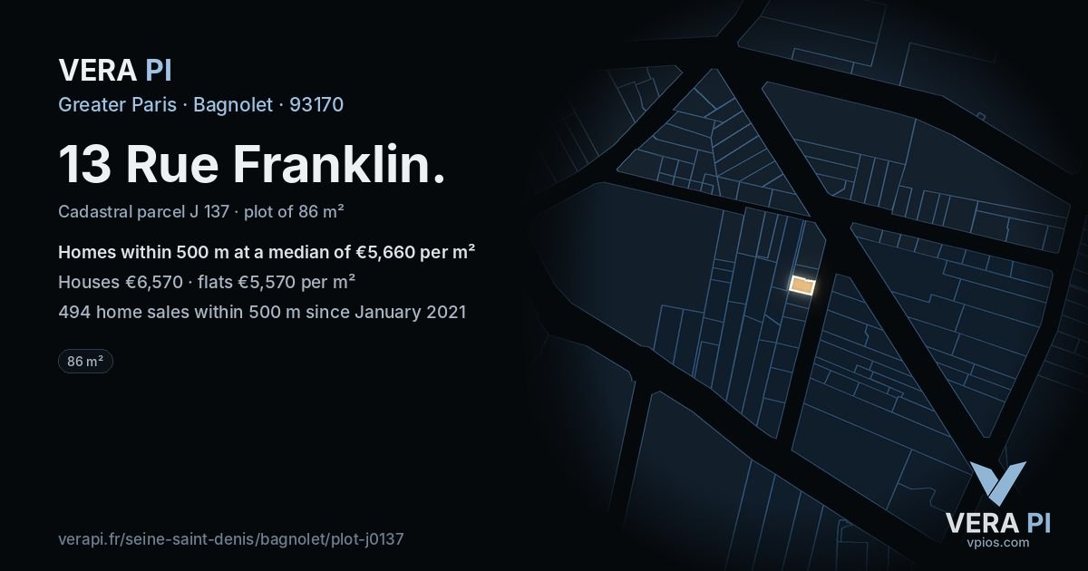 13 Rue Franklin, Bagnolet at night – the plot lit, the parcels around coloured by the prices near them