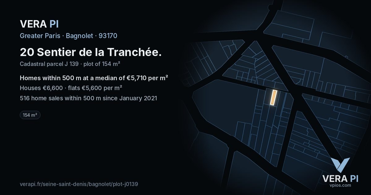 20 Sentier de la Tranchée, Bagnolet at night – the plot lit, the parcels around coloured by the prices near them