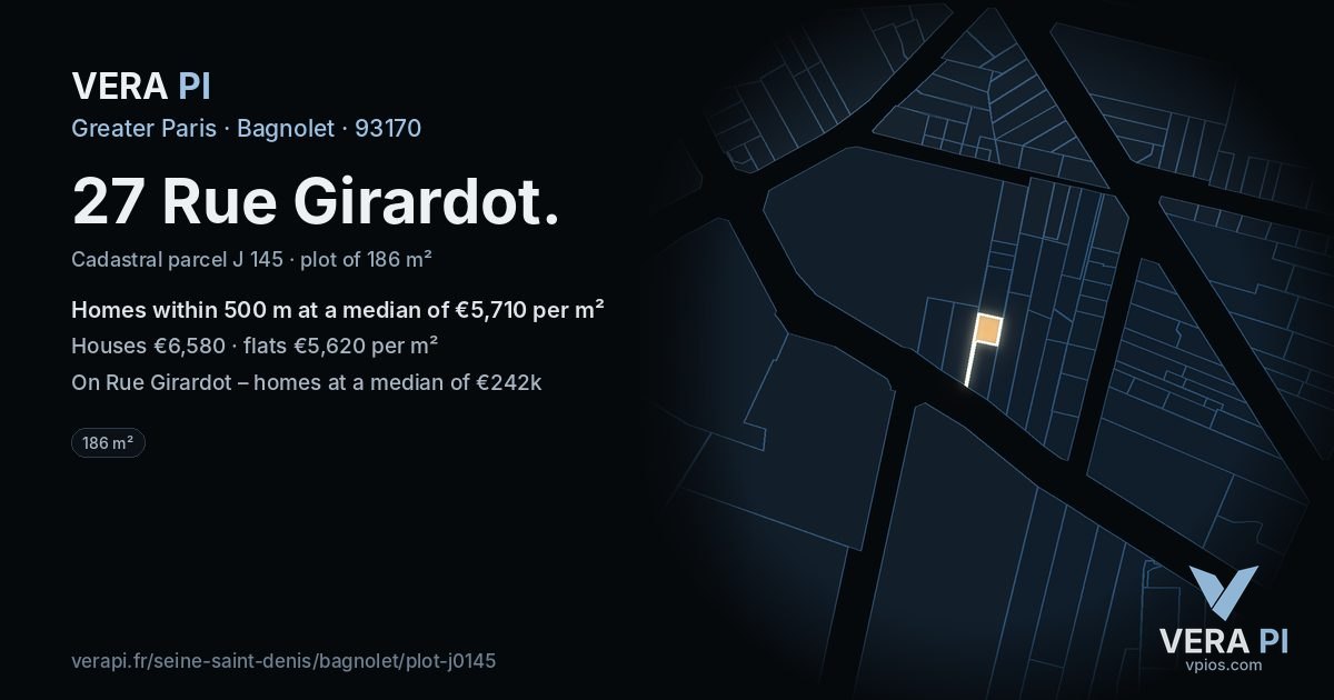 27 Rue Girardot, Bagnolet at night – the plot lit, the parcels around coloured by the prices near them