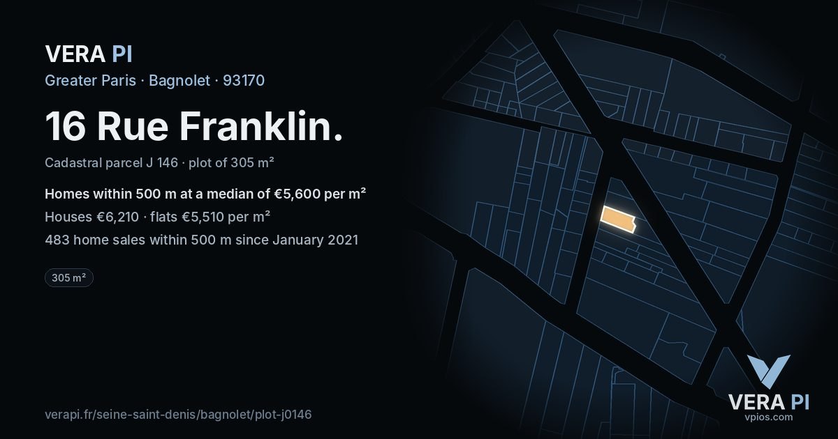 16 Rue Franklin, Bagnolet at night – the plot lit, the parcels around coloured by the prices near them