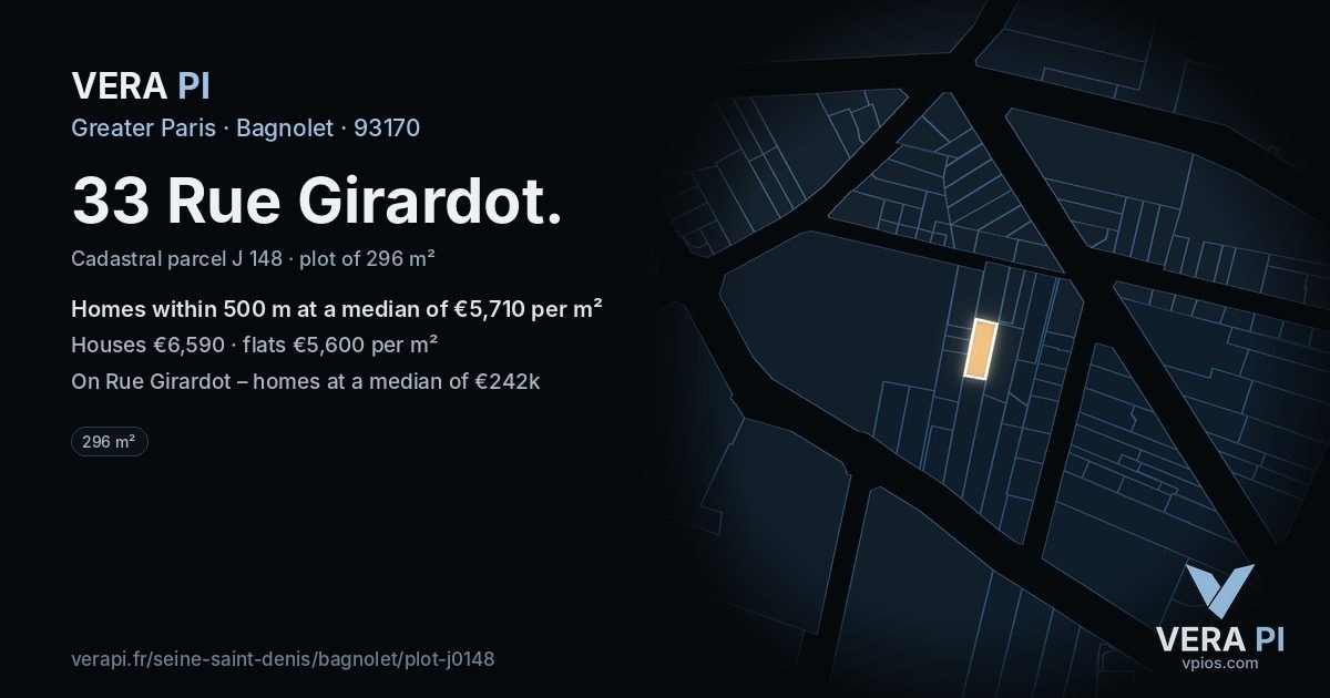 33 Rue Girardot, Bagnolet at night – the plot lit, the parcels around coloured by the prices near them