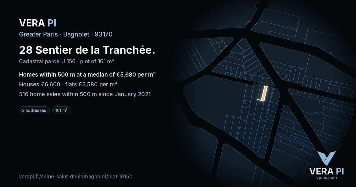 28 Sentier de la Tranchée, Bagnolet at night – the plot lit, the parcels around coloured by the prices near them