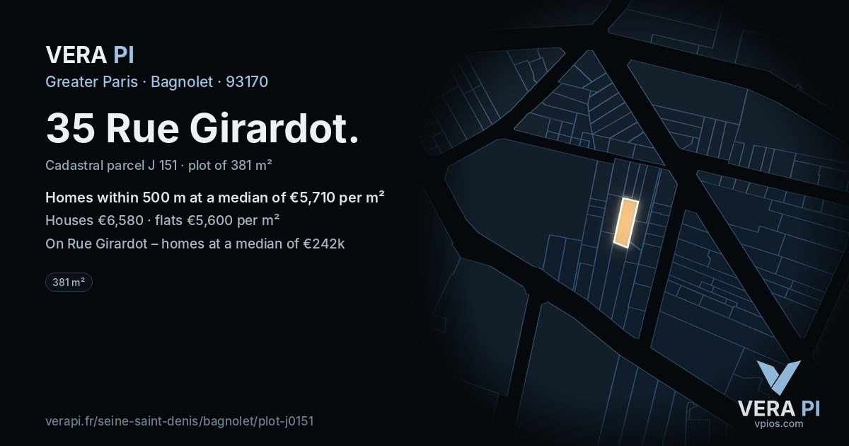 35 Rue Girardot, Bagnolet at night – the plot lit, the parcels around coloured by the prices near them