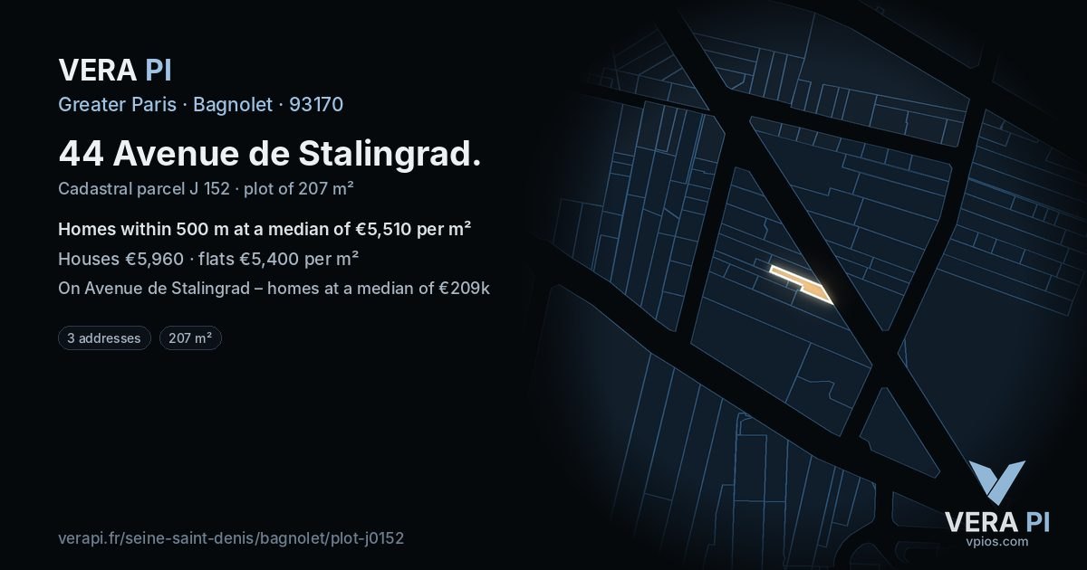 44 Avenue de Stalingrad, Bagnolet at night – the plot lit, the parcels around coloured by the prices near them