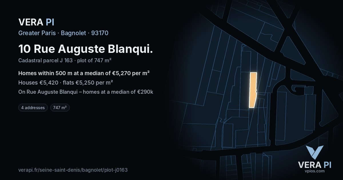10 Rue Auguste Blanqui, Bagnolet at night – the plot lit, the parcels around coloured by the prices near them