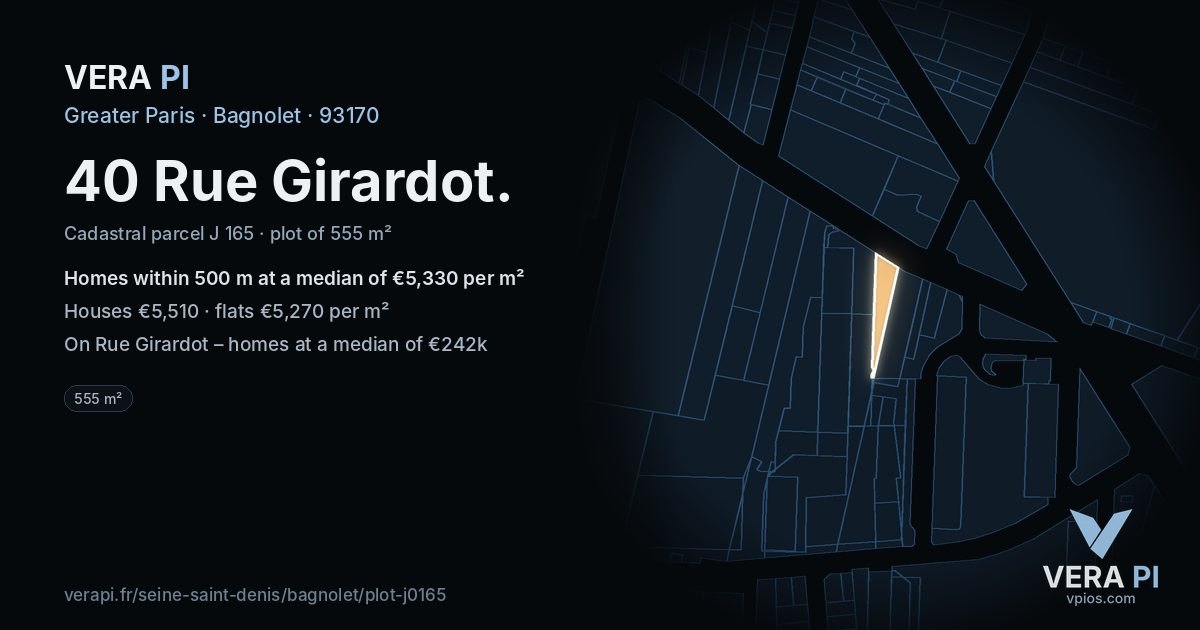 40 Rue Girardot, Bagnolet at night – the plot lit, the parcels around coloured by the prices near them