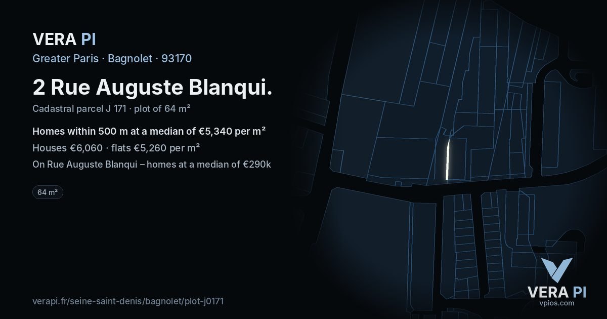 2 Rue Auguste Blanqui, Bagnolet at night – the plot lit, the parcels around coloured by the prices near them