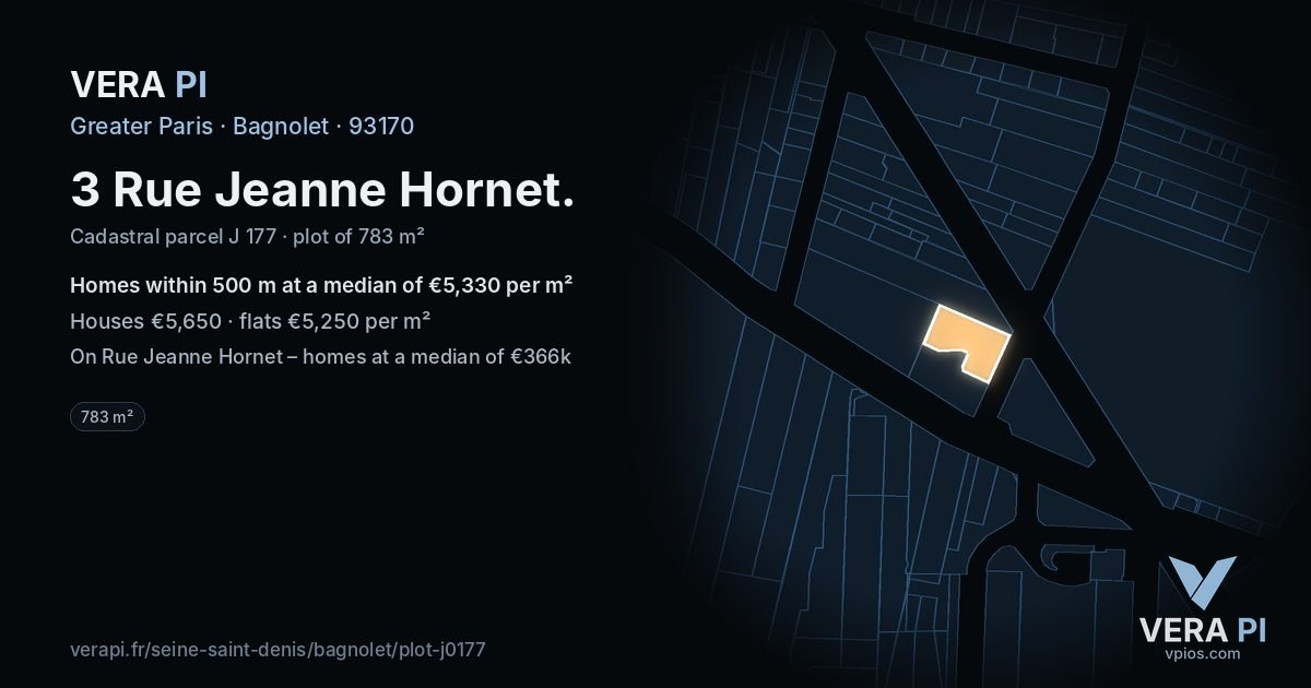 3 Rue Jeanne Hornet, Bagnolet at night – the plot lit, the parcels around coloured by the prices near them