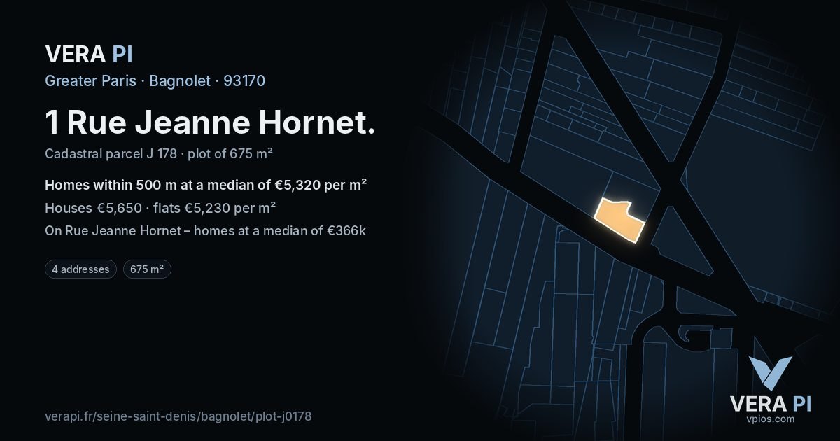 1 Rue Jeanne Hornet, Bagnolet at night – the plot lit, the parcels around coloured by the prices near them