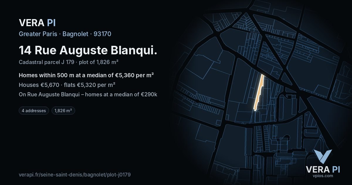 14 Rue Auguste Blanqui, Bagnolet at night – the plot lit, the parcels around coloured by the prices near them