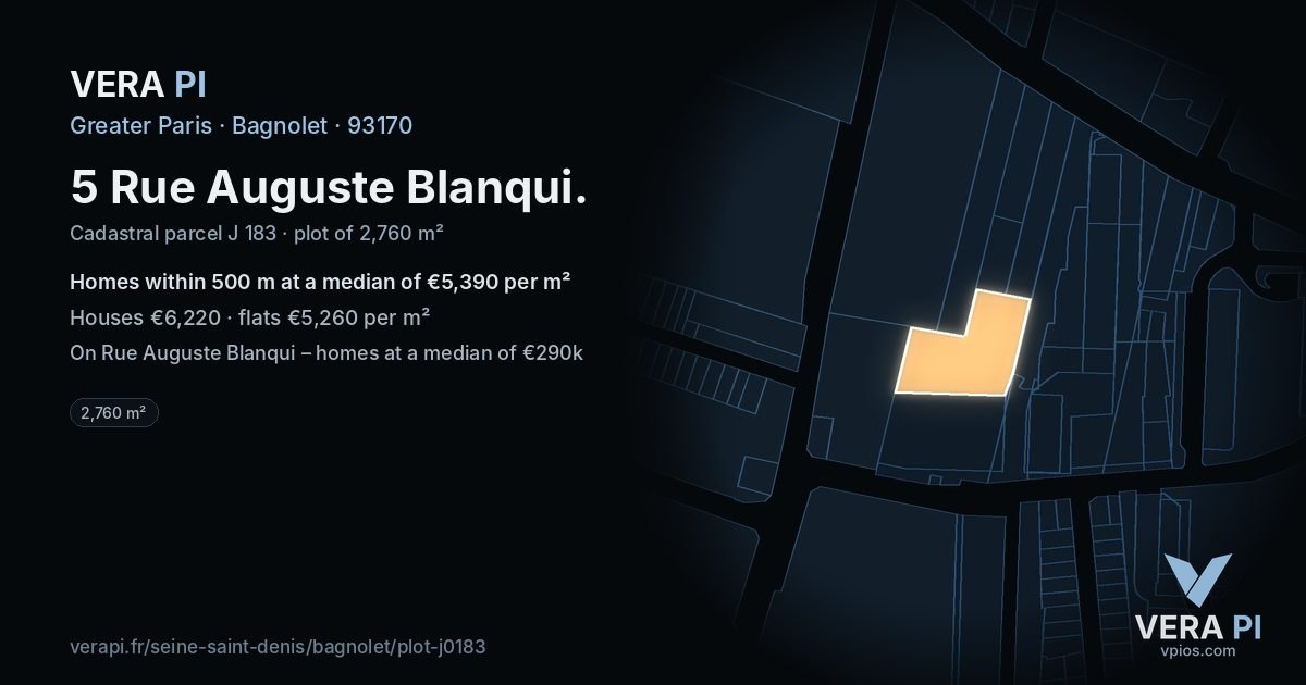 5 Rue Auguste Blanqui, Bagnolet at night – the plot lit, the parcels around coloured by the prices near them