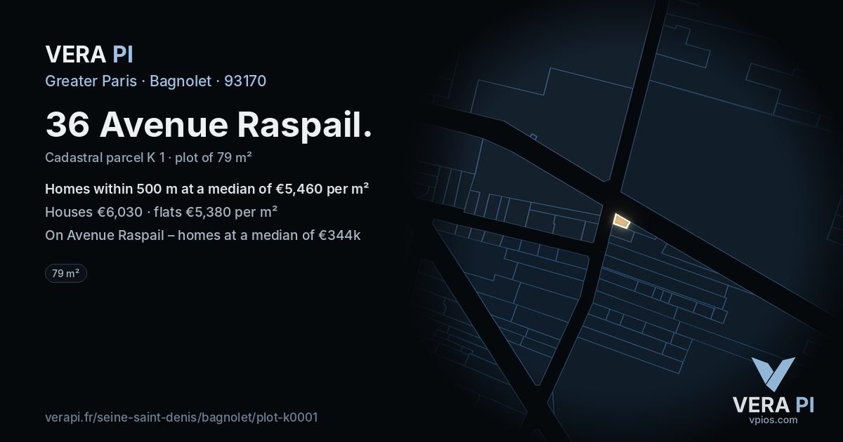 36 Avenue Raspail, Bagnolet at night – the plot lit, the parcels around coloured by the prices near them