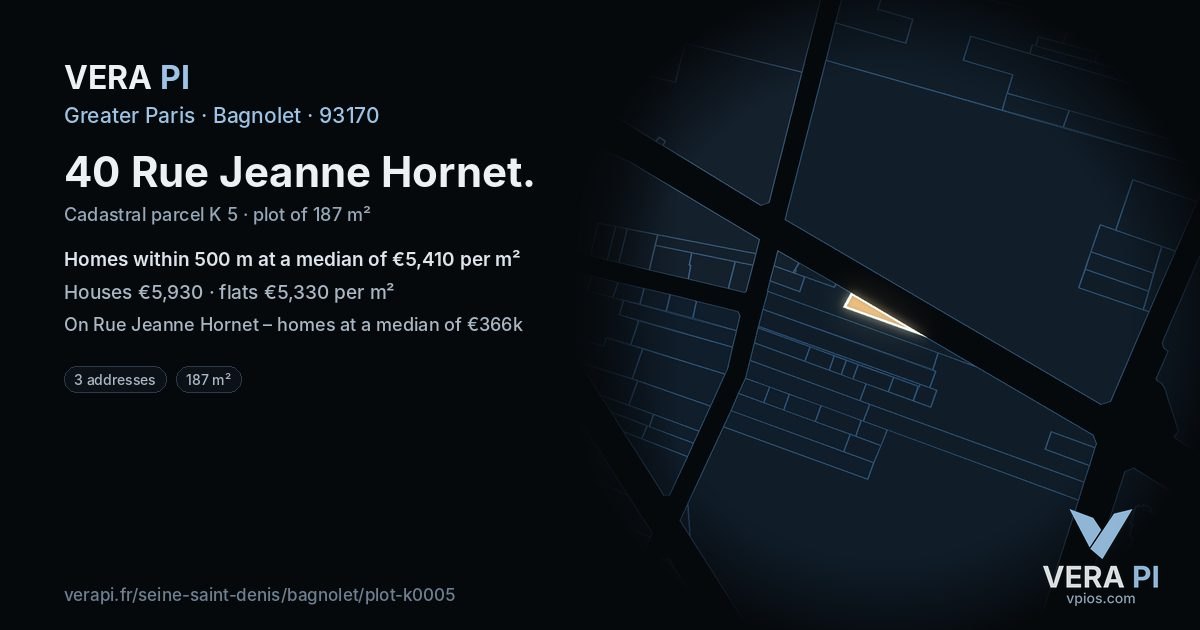 40 Rue Jeanne Hornet, Bagnolet at night – the plot lit, the parcels around coloured by the prices near them