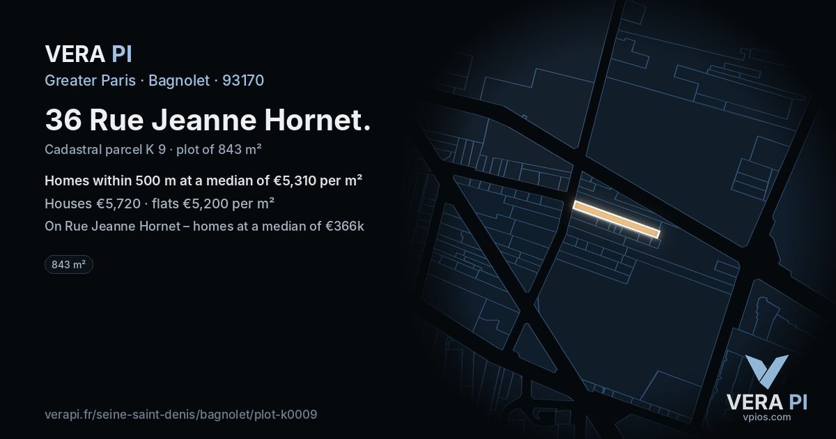 36 Rue Jeanne Hornet, Bagnolet at night – the plot lit, the parcels around coloured by the prices near them