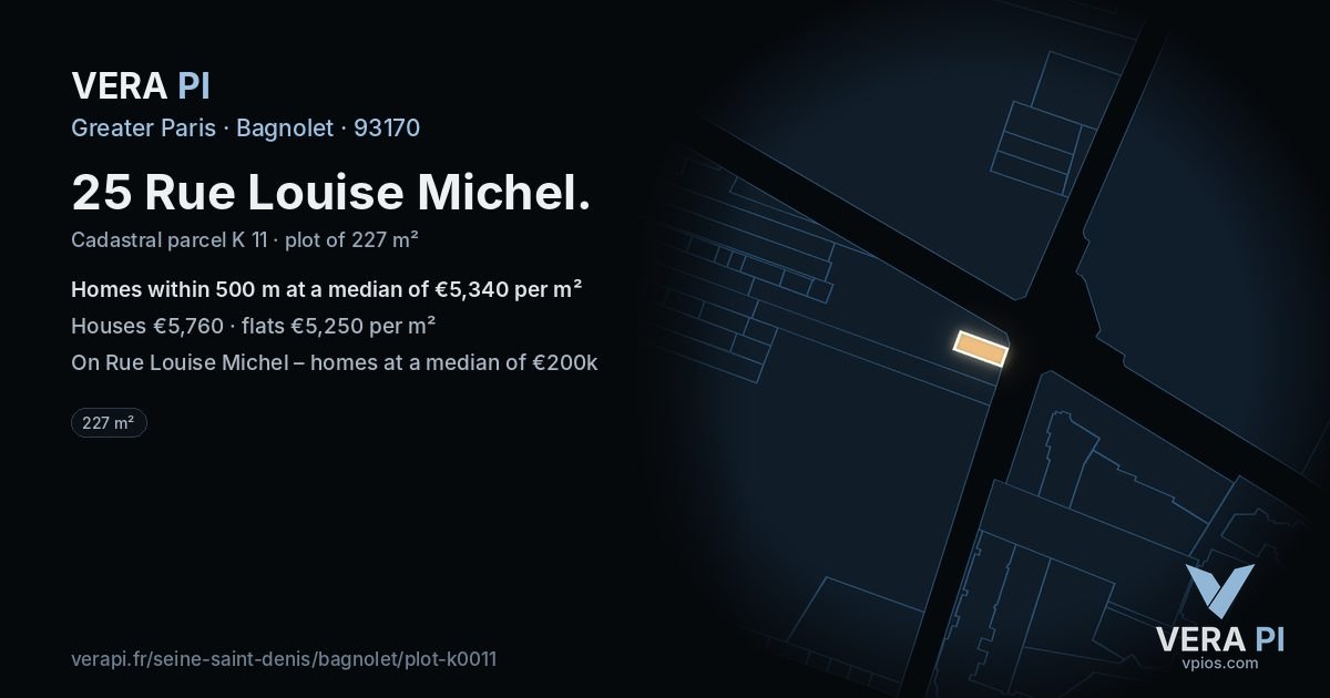 25 Rue Louise Michel, Bagnolet at night – the plot lit, the parcels around coloured by the prices near them