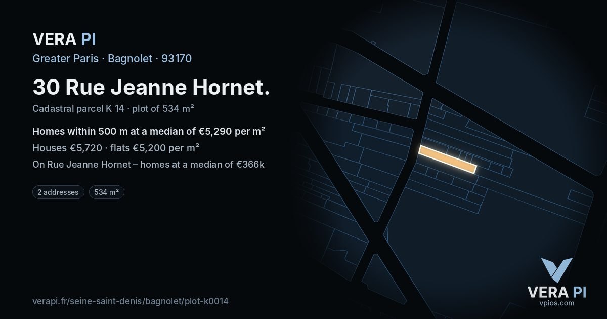 30 Rue Jeanne Hornet, Bagnolet at night – the plot lit, the parcels around coloured by the prices near them