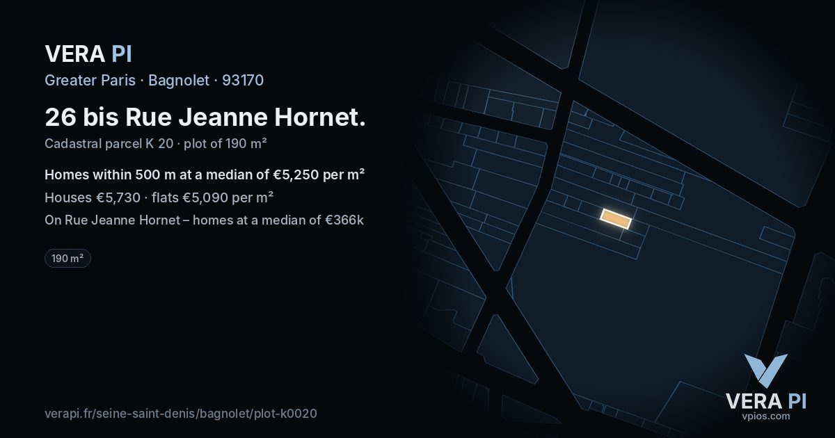 26 bis Rue Jeanne Hornet, Bagnolet at night – the plot lit, the parcels around coloured by the prices near them