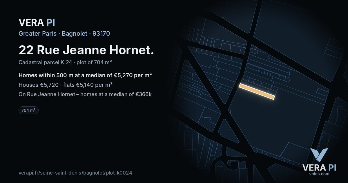 22 Rue Jeanne Hornet, Bagnolet at night – the plot lit, the parcels around coloured by the prices near them
