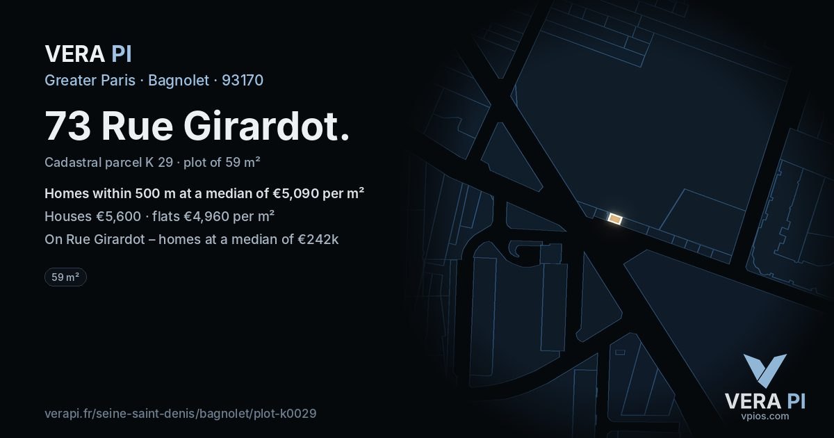 73 Rue Girardot, Bagnolet at night – the plot lit, the parcels around coloured by the prices near them