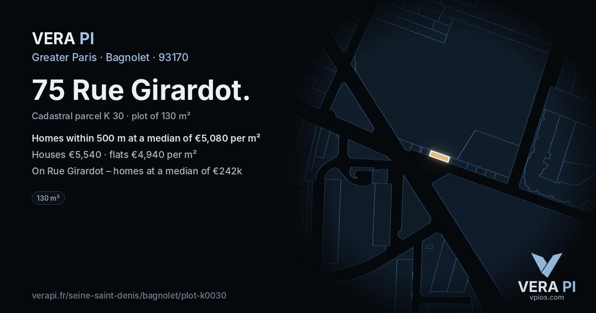 75 Rue Girardot, Bagnolet at night – the plot lit, the parcels around coloured by the prices near them