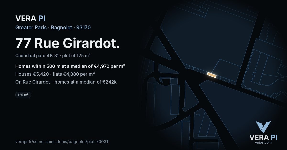 77 Rue Girardot, Bagnolet at night – the plot lit, the parcels around coloured by the prices near them