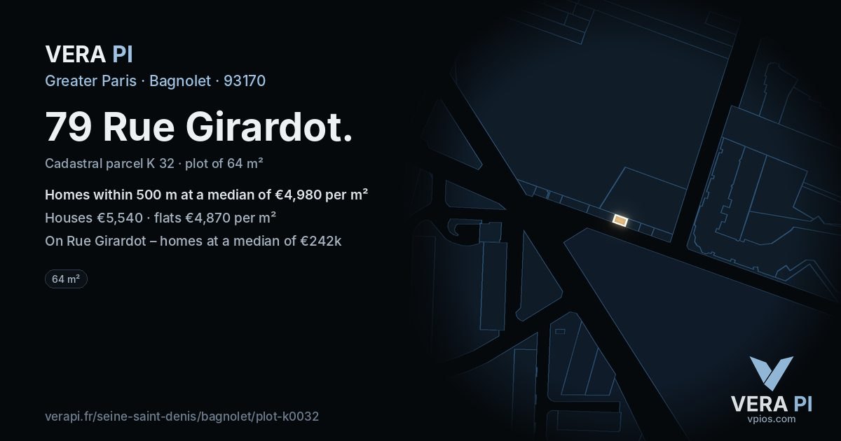 79 Rue Girardot, Bagnolet at night – the plot lit, the parcels around coloured by the prices near them