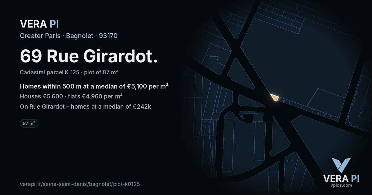 69 Rue Girardot, Bagnolet at night – the plot lit, the parcels around coloured by the prices near them