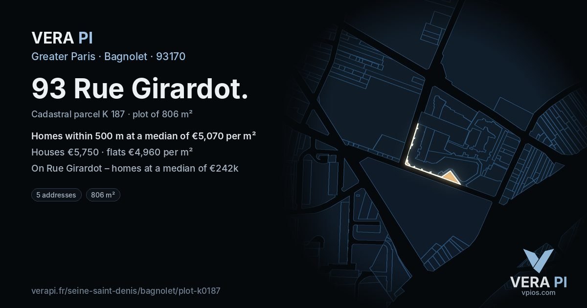93 Rue Girardot, Bagnolet at night – the plot lit, the parcels around coloured by the prices near them