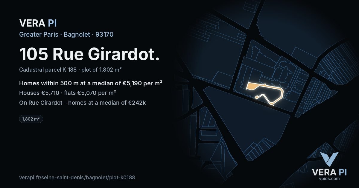 105 Rue Girardot, Bagnolet at night – the plot lit, the parcels around coloured by the prices near them
