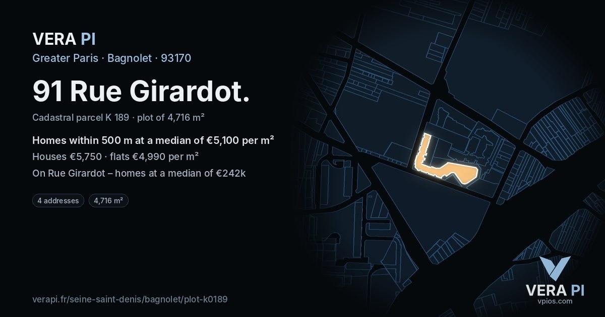 91 Rue Girardot, Bagnolet at night – the plot lit, the parcels around coloured by the prices near them