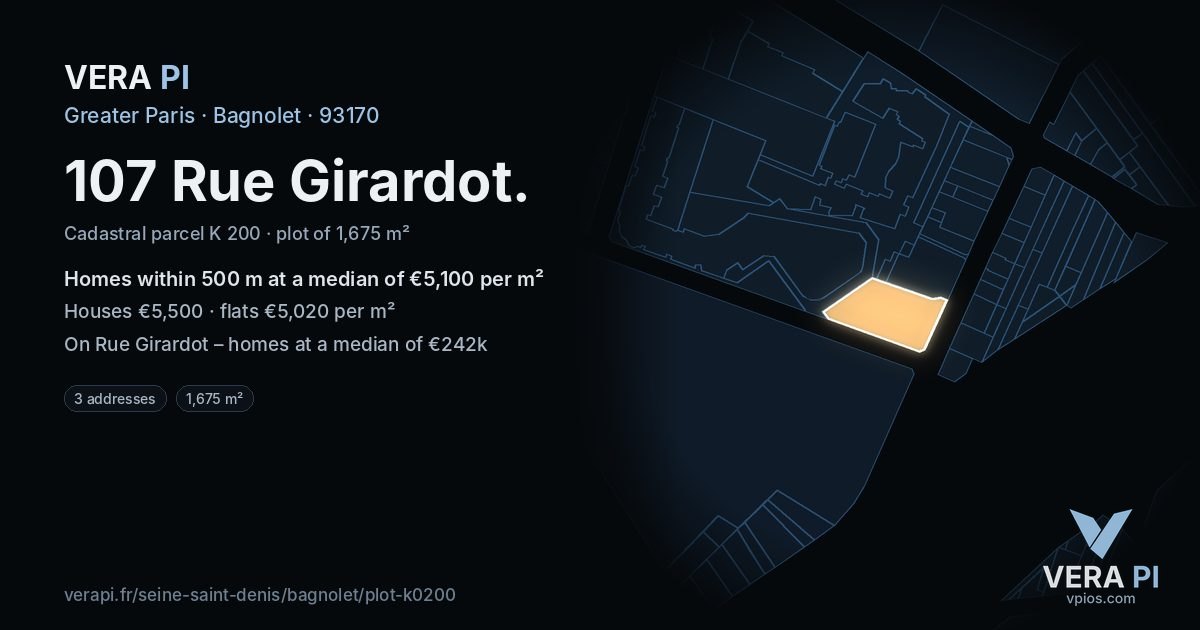 107 Rue Girardot, Bagnolet at night – the plot lit, the parcels around coloured by the prices near them