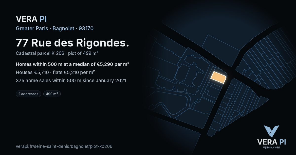 77 Rue des Rigondes, Bagnolet at night – the plot lit, the parcels around coloured by the prices near them