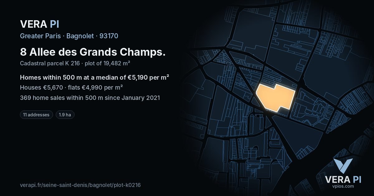 8 Allee des Grands Champs, Bagnolet at night – the plot lit, the parcels around coloured by the prices near them