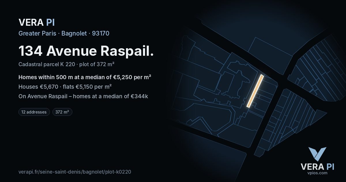 134 Avenue Raspail, Bagnolet at night – the plot lit, the parcels around coloured by the prices near them
