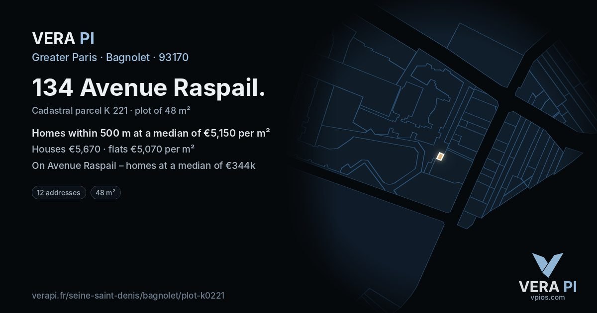 134 Avenue Raspail, Bagnolet at night – the plot lit, the parcels around coloured by the prices near them