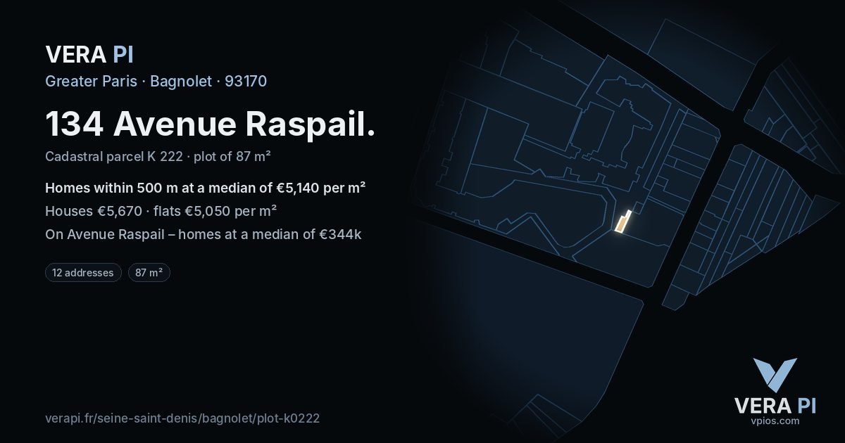 134 Avenue Raspail, Bagnolet at night – the plot lit, the parcels around coloured by the prices near them