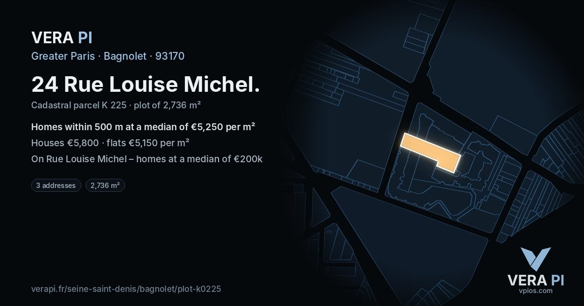 24 Rue Louise Michel, Bagnolet at night – the plot lit, the parcels around coloured by the prices near them