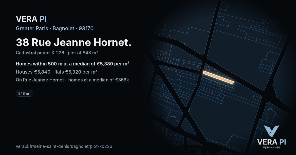 38 Rue Jeanne Hornet, Bagnolet at night – the plot lit, the parcels around coloured by the prices near them