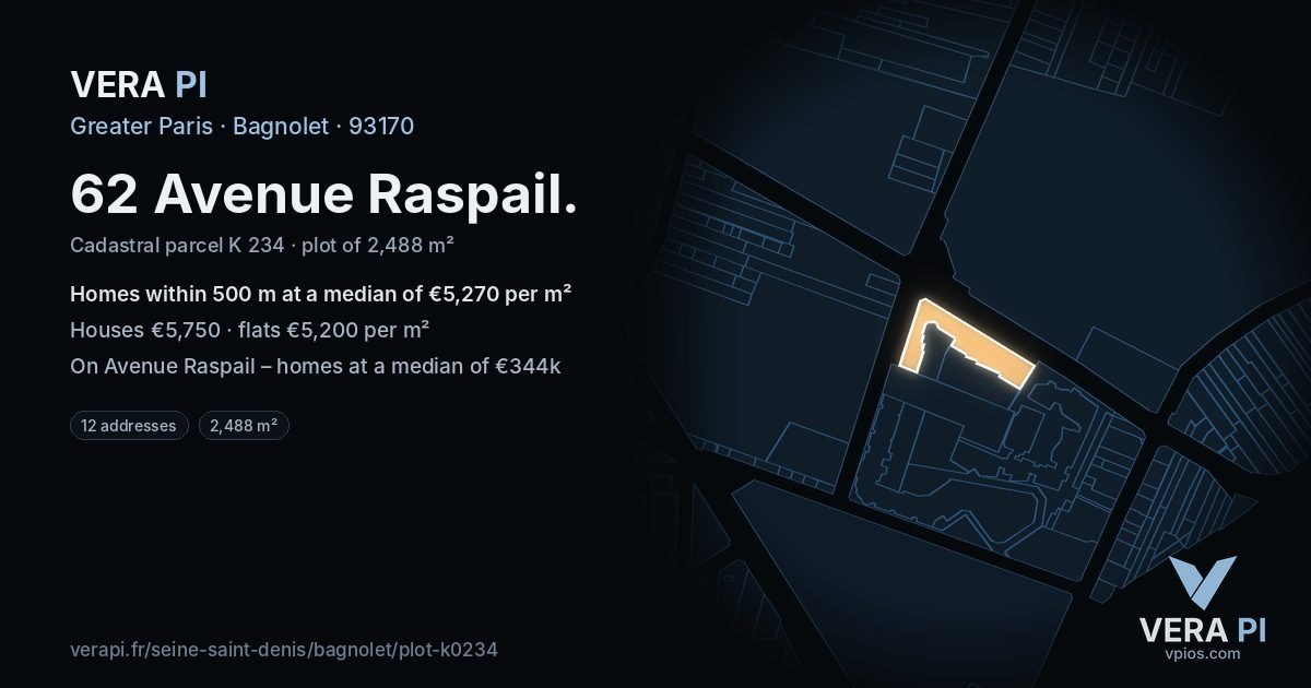 62 Avenue Raspail, Bagnolet at night – the plot lit, the parcels around coloured by the prices near them